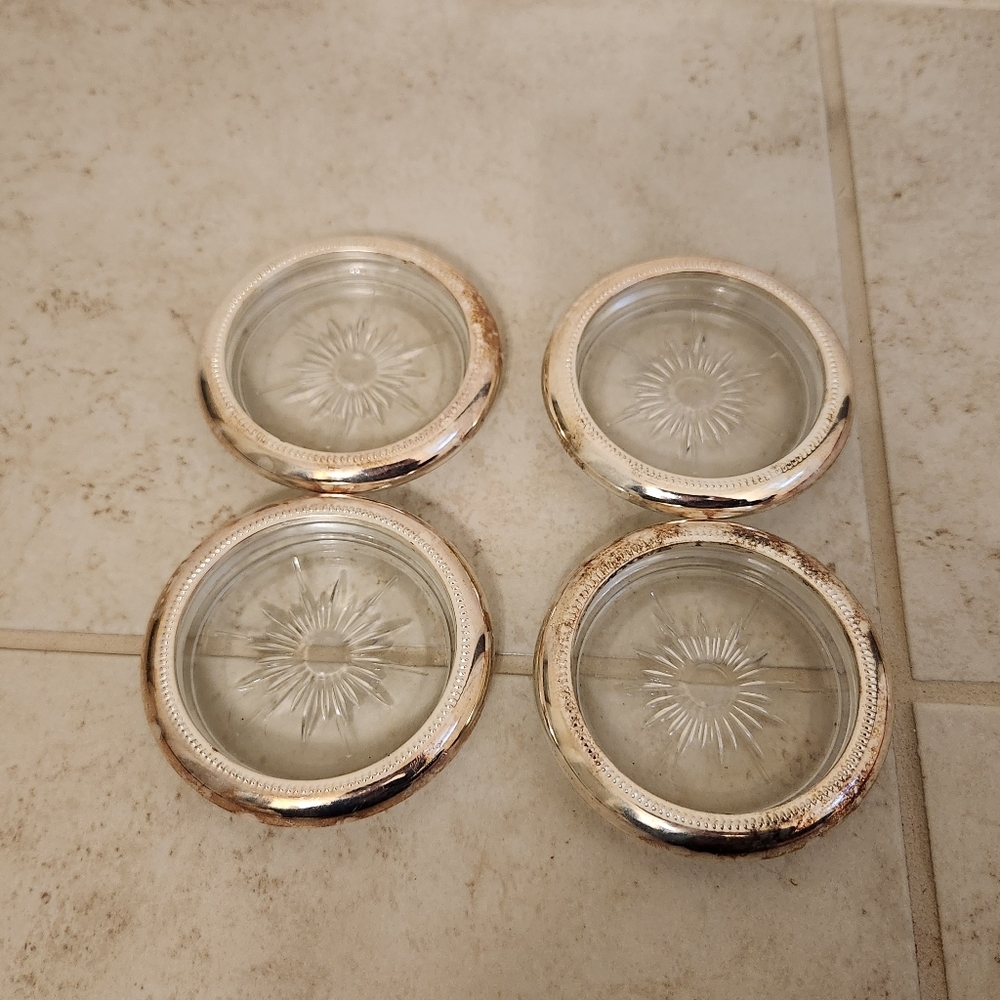 Vintage Silver Plate Glass and Silver Plated Coasters Starburst Pattern Set Of 4